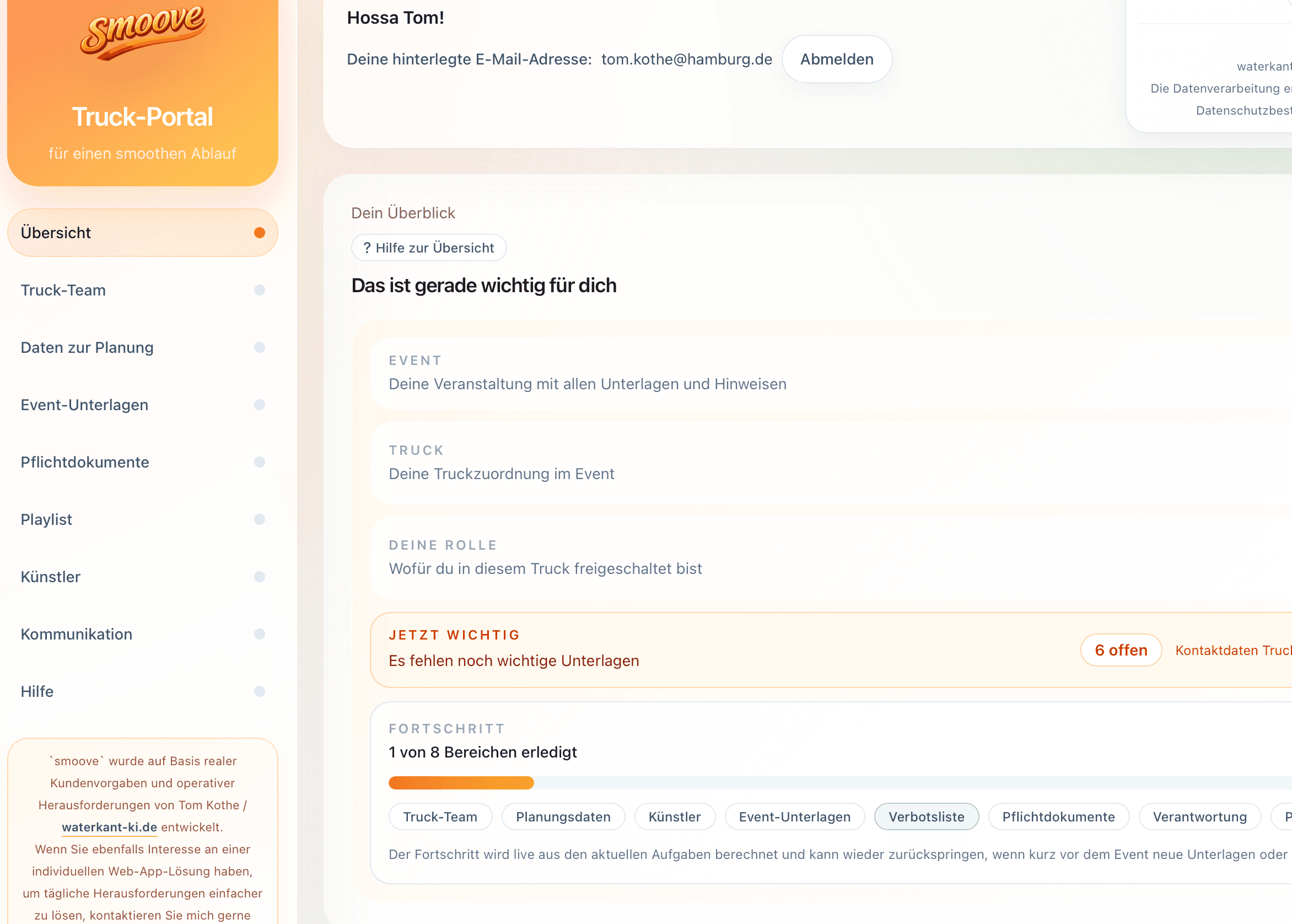 Truck-bezogene Detailansicht in SMOOVE mit Informationen für die operative Planung rund um den Schlagermove Hamburg