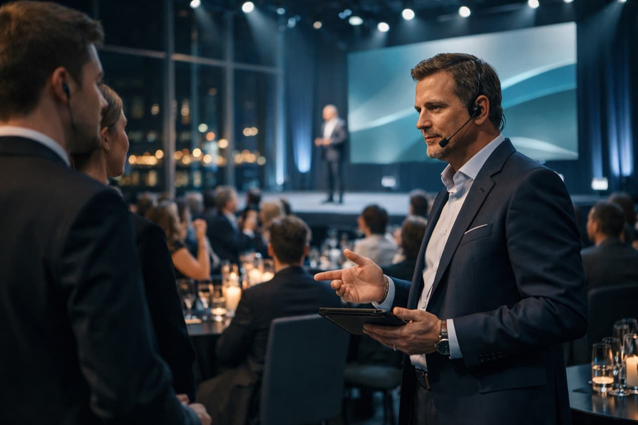 Inszeniertes Unternehmens-Event mit professioneller Bühnen- und Lichtstimmung