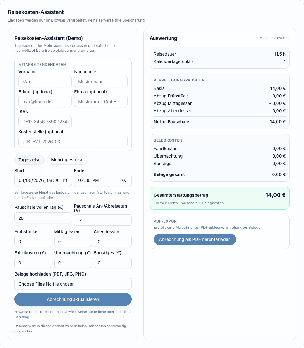 Vorschau des Reisekosten-Assistenten mit Eingabemaske und Auswertung